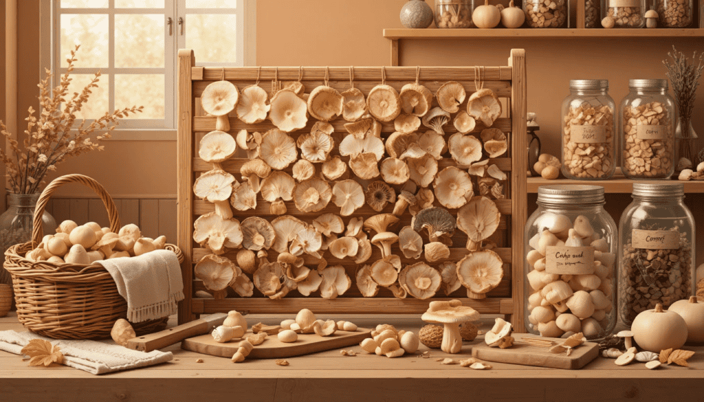 champignons séchés maison disposés sur une claie de séchage