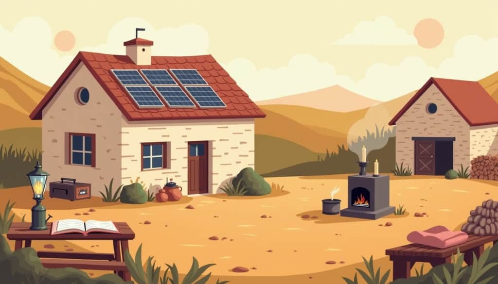 Maison rurale aveyronnaise avec panneaux solaires et outils de résilience low-tech