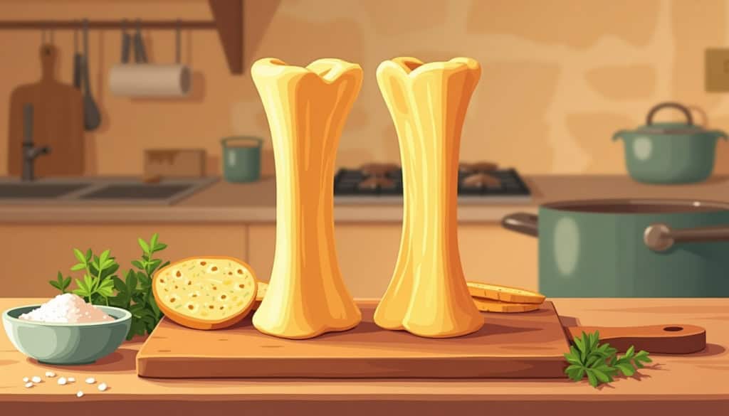 Os à moelle rôtis au four sur une planche en bois, servis avec du pain grillé et du persil — aliment traditionnel et nourrissant pour la famille