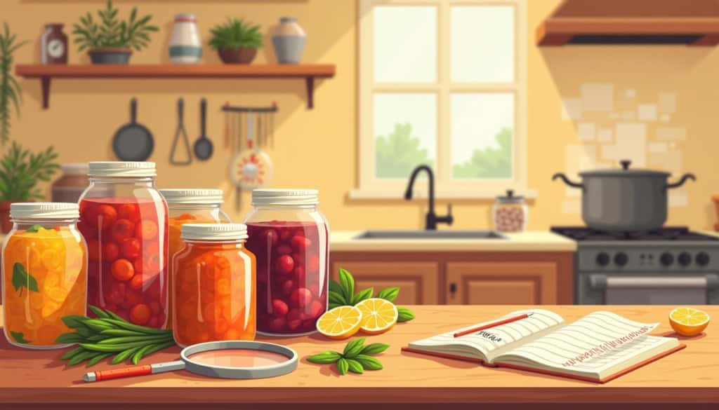 Étagère de garde-manger familial avec bocaux colorés, étiquetés et soigneusement organisés — symbole d'une conservation maison maîtrisée