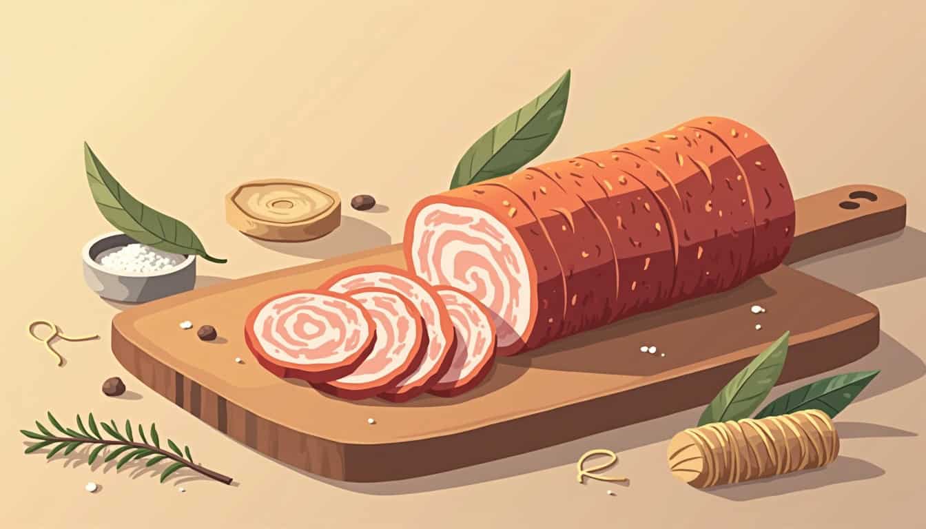 Coppa maison tranchée finement sur une planche en bois avec sel et ficelle