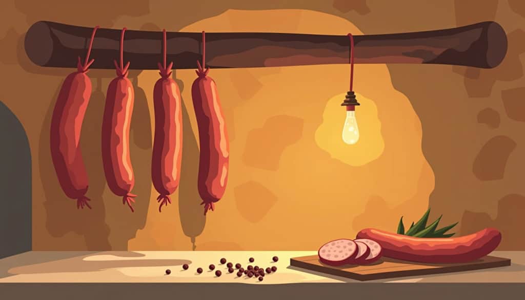 Saucissons secs maison suspendus dans une cave d'affinage
