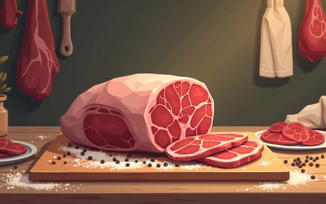Bresaola maison : une pièce de bœuf salée et séchée, tranchée sur une planche avec du sel et du poivre