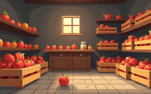 Conserver les pommes tout l'hiver : des cagettes de pommes rangées sur les étagères d'une cave fraîche