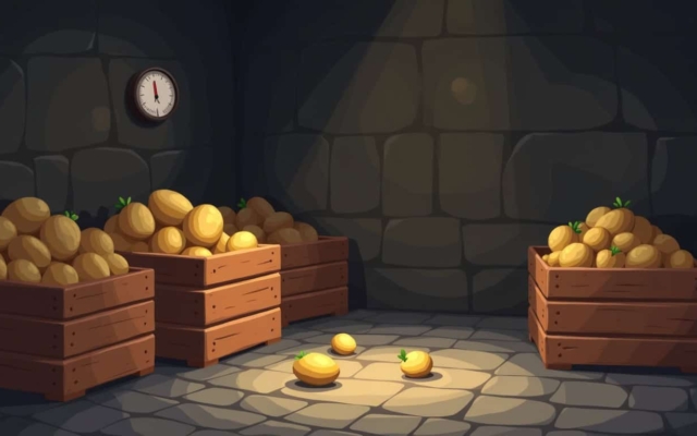 Conserver les pommes de terre en cave : des cagettes de pommes de terre dans une cave sombre en pierre