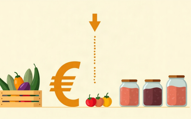 Faire des économies sur l'alimentation : une cagette de légumes, le symbole de l'euro et des bocaux de conserves maison
