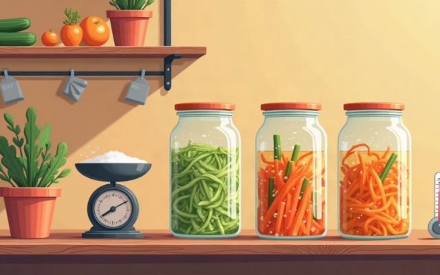 Lactofermentation : trois bocaux de légumes lactofermentés (haricots verts, carottes) à côté d'une balance chargée de sel et d'un thermomètre