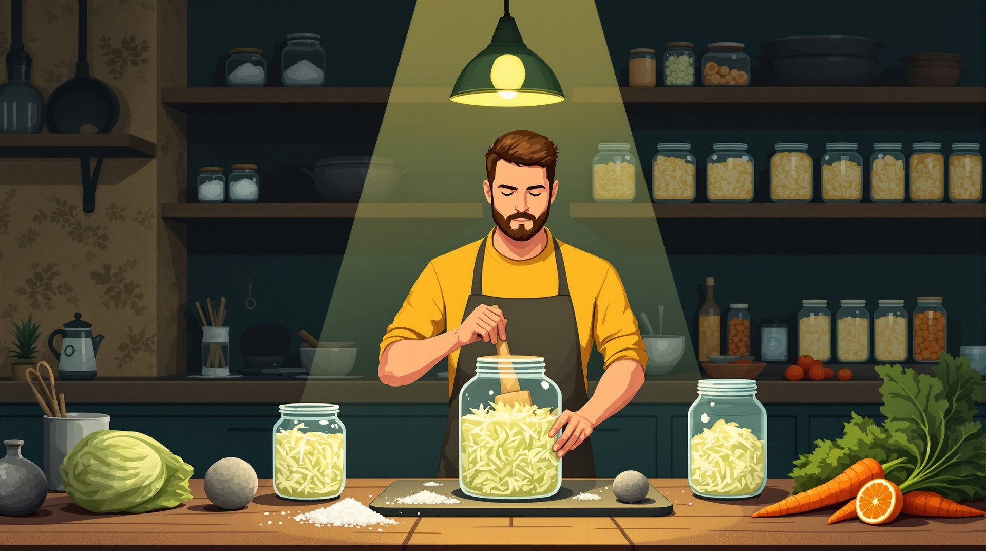 Un homme tasse du chou râpé dans un grand bocal de fermentation, sous une lampe suspendue, entouré de bocaux en cours de fermentation, de gros sel et de légumes crus.