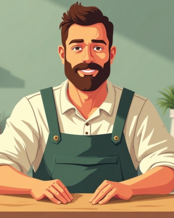 Portrait illustré de Loïc Vauclin, fondateur de Pleine Terre, en tablier dans son atelier