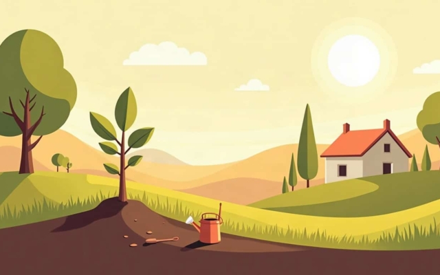 Planter un figuier : un jeune figuier fraîchement planté, avec son arrosoir, à bonne distance d'une maison de campagne