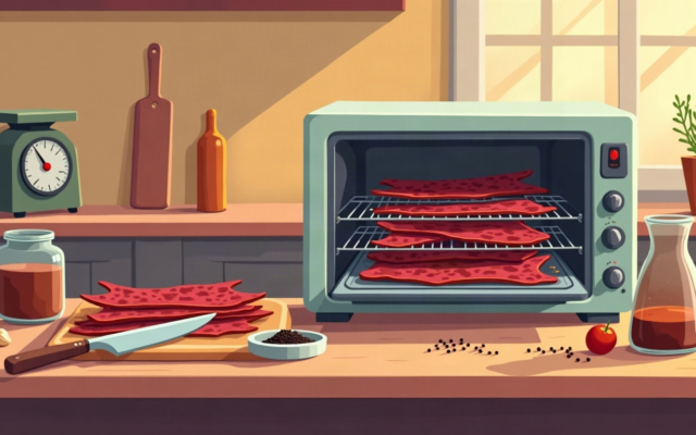 Lanières de beef jerky maison sur un plateau de déshydrateur, bocal et marinade