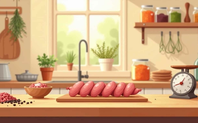 Saucisses maison : un chapelet de saucisses fraîches sur une planche, avec la farce, du poivre et une balance de cuisine