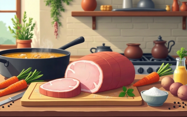 Palette de porc demi-sel cuite et tranchée sur une planche, entre une marmite de bouillon, des carottes et des pommes de terre