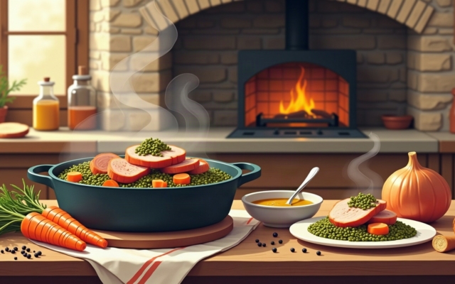 Cocotte de petit salé aux lentilles avec tranches de porc et carottes, et une assiette servie, devant un poêle à bois