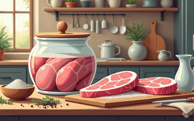 Pot en verre rempli de saumure où trempent des morceaux de porc, à côté de tranches de poitrine crue sur une planche et d'un bol de gros sel